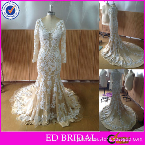 NC228 Sexy Sheer Top Real Sample Champagne Long Lace Sleeve Evening Dresses For Sale
